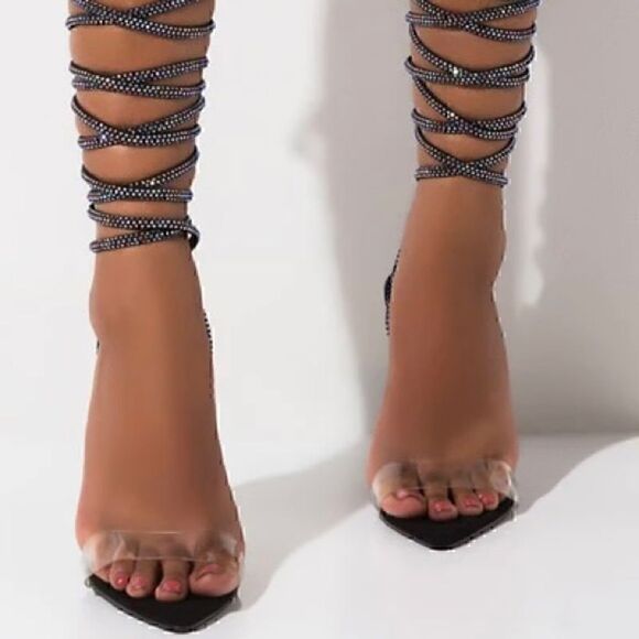 Azalea Wang - Brandy Long Black Diamond Lace Up Stiletto Heel Sandals-Size 8 - Picture 2 of 16
